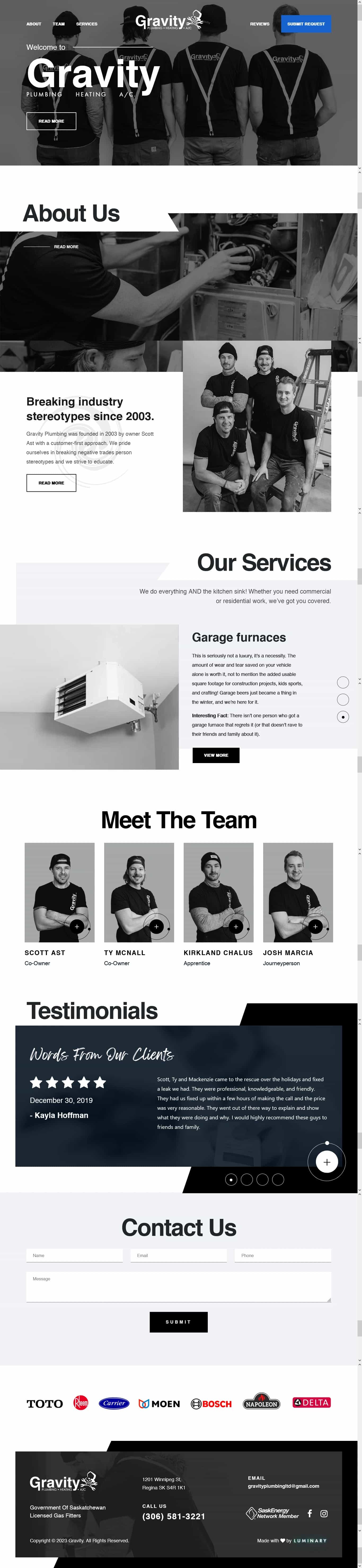 Gravity Plumbing and Heating Regina home page designed by Luminary Software